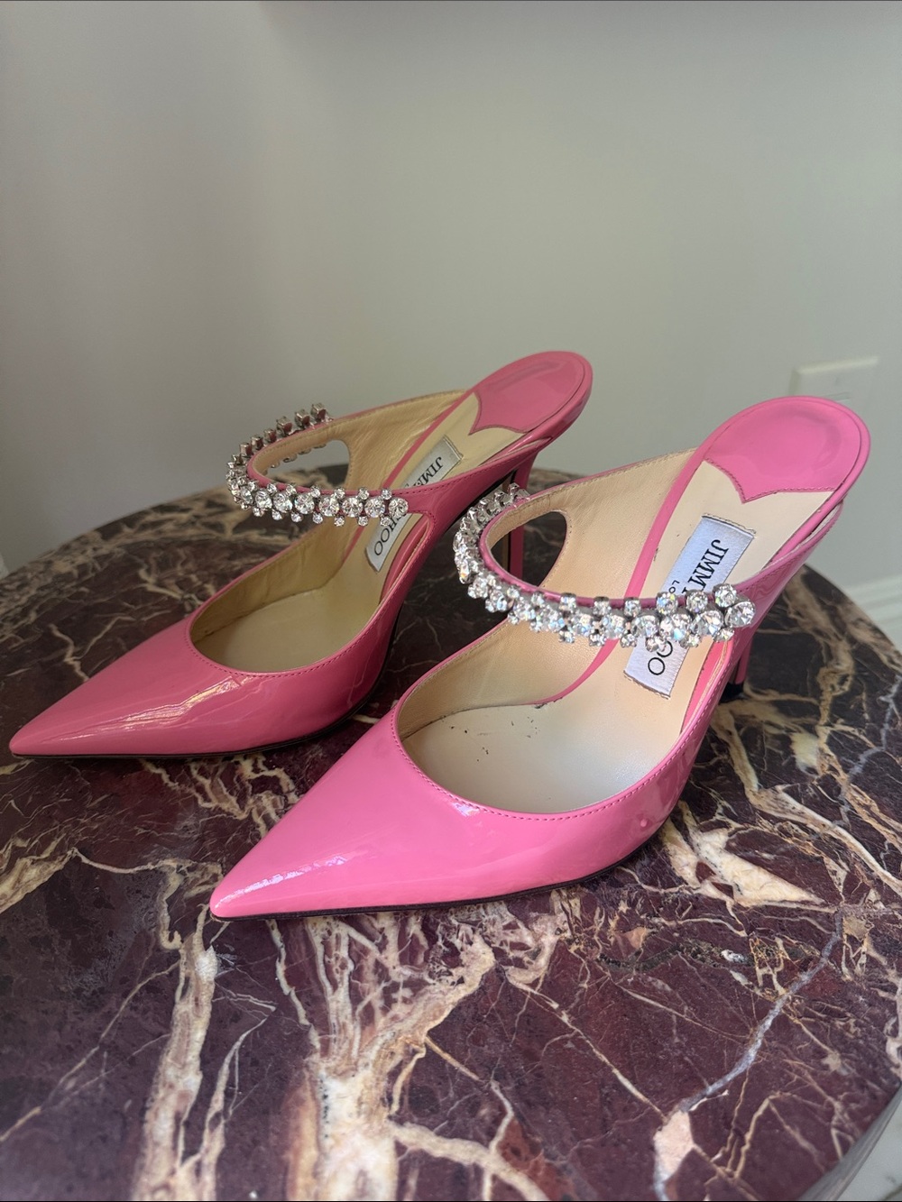 Jimmy Choo Hot Pink Patent Leather Crystal-Embellished Mules Size 36.5
